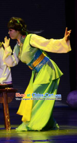 Gucuo Marriage Chinese Folk Dance Green Dress Stage Performance Dance Costume and Headpiece for Women