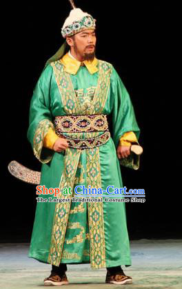 Cai Wenji Chinese Opera Ancient Huns King Green Clothing Stage Performance Dance Costume and Headpiece for Men