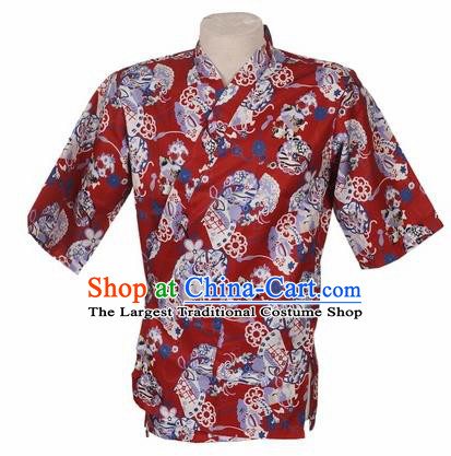 Traditional Japanese Printing Cherry Blossom Red Shirt Kimono Asian Japan Costume for Men