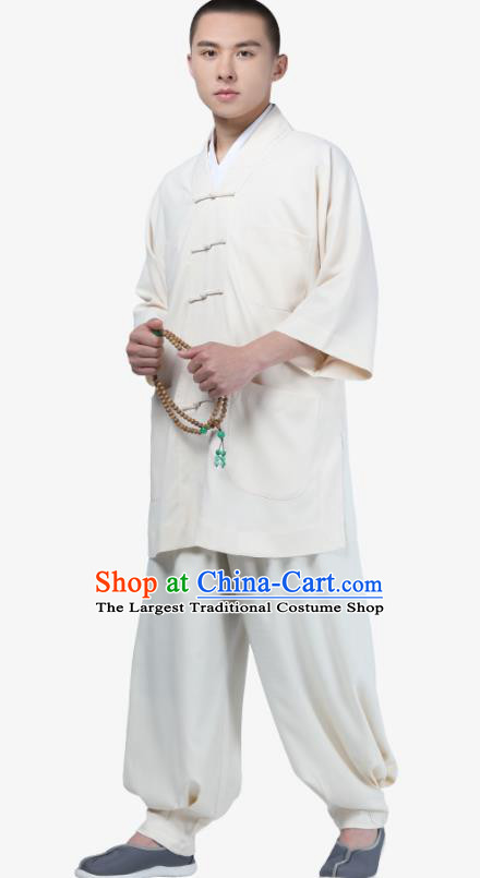 Traditional Chinese Monk Costume Meditation White Shirt and Pants for Men