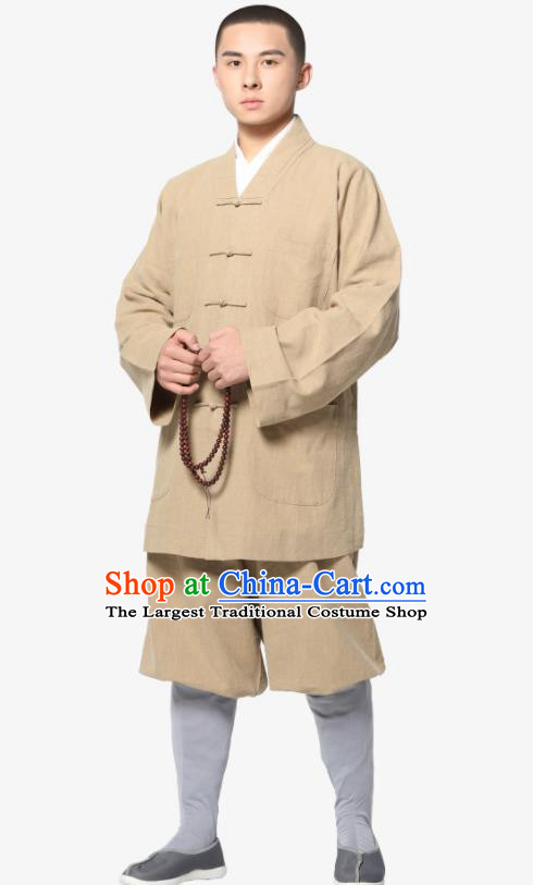 Traditional Chinese Monk Costume Meditation Khaki Ramie Shirt and Pants for Men