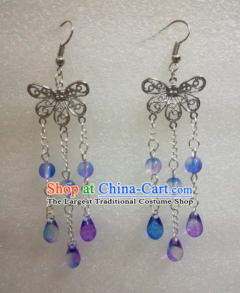 Chinese Traditional Beijing Opera Accessories Peking Opera Purple Beads Tassel Butterfly Earrings for Adults