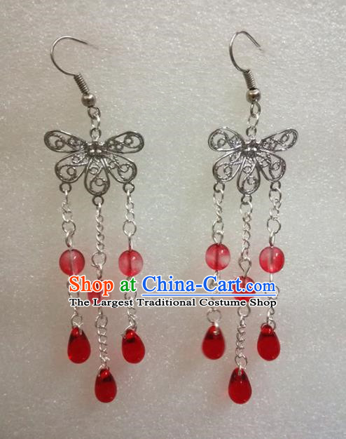 Chinese Traditional Beijing Opera Accessories Peking Opera Red Beads Tassel Butterfly Earrings for Adults