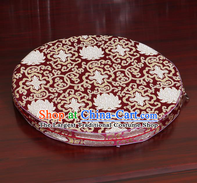 Chinese Classical Household Ornament Wine Red Brocade Rush Cushion Cover Traditional Lotus Pattern Mat Cover