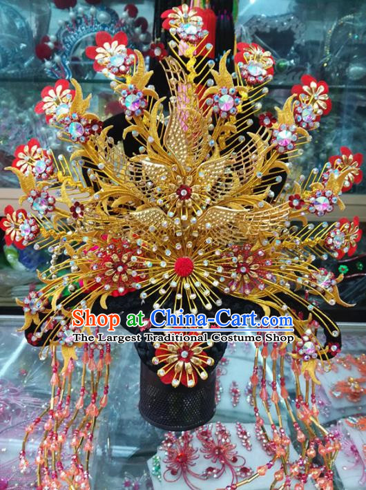 Chinese Traditional Beijing Opera Actress Golden Phoenix Coronet Head Ornaments Hair Accessories for Adults