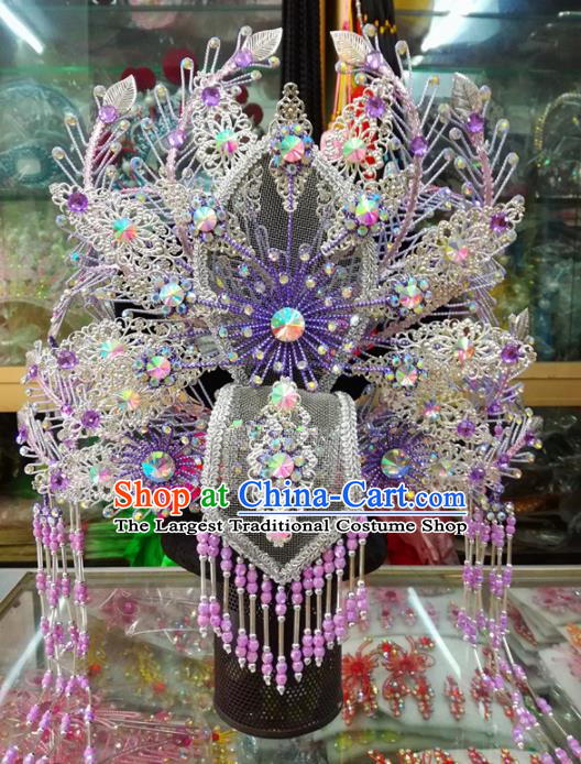 Chinese Traditional Beijing Opera Actress Purple Phoenix Coronet Head Ornaments Hair Accessories for Adults