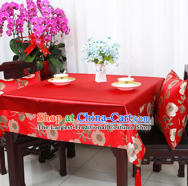 Chinese Traditional Peony Pattern Red Brocade Table Cloth Classical Satin Household Ornament Desk Cover