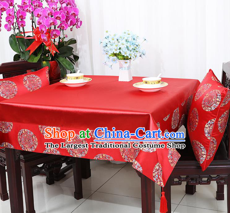 Chinese Traditional Round Dragons Pattern Red Brocade Table Cloth Classical Satin Household Ornament Desk Cover