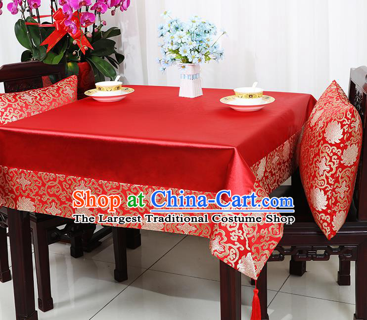 Chinese Traditional Lotus Pattern Red Brocade Table Cloth Classical Satin Household Ornament Desk Cover