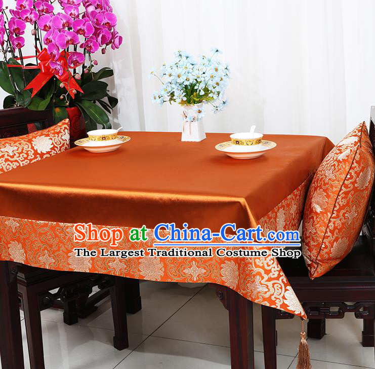 Chinese Traditional Lotus Pattern Orange Brocade Table Cloth Classical Satin Household Ornament Desk Cover