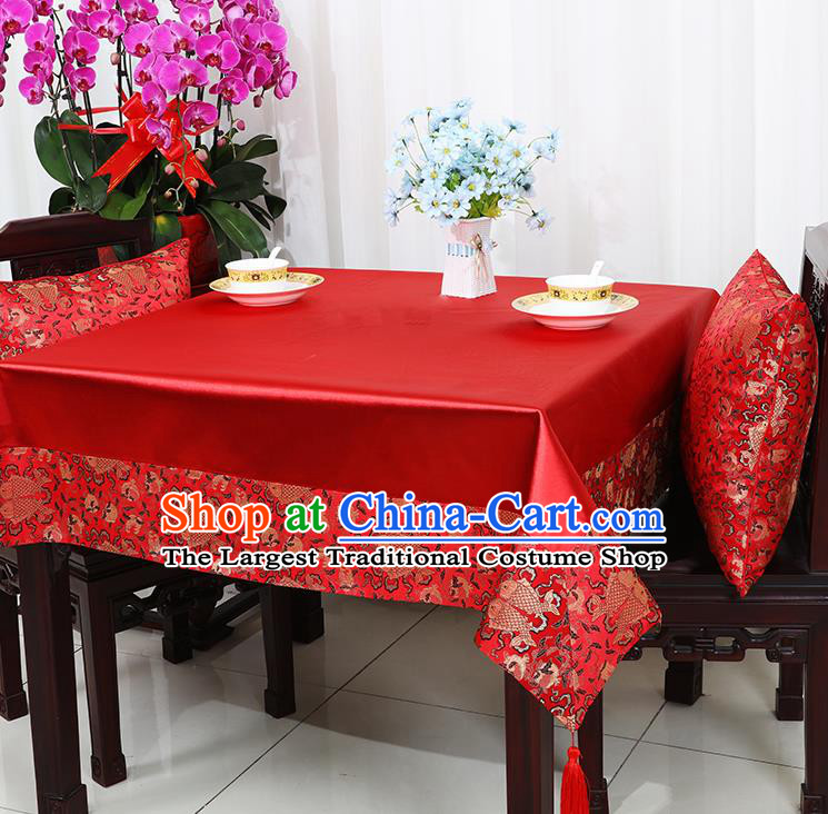 Chinese Traditional Double Fishes Pattern Red Brocade Table Cloth Classical Satin Household Ornament Desk Cover