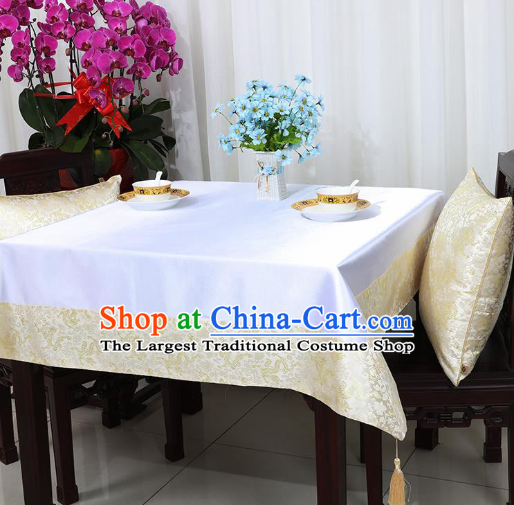 Chinese Traditional Dragons Pattern White Brocade Table Cloth Classical Satin Household Ornament Desk Cover