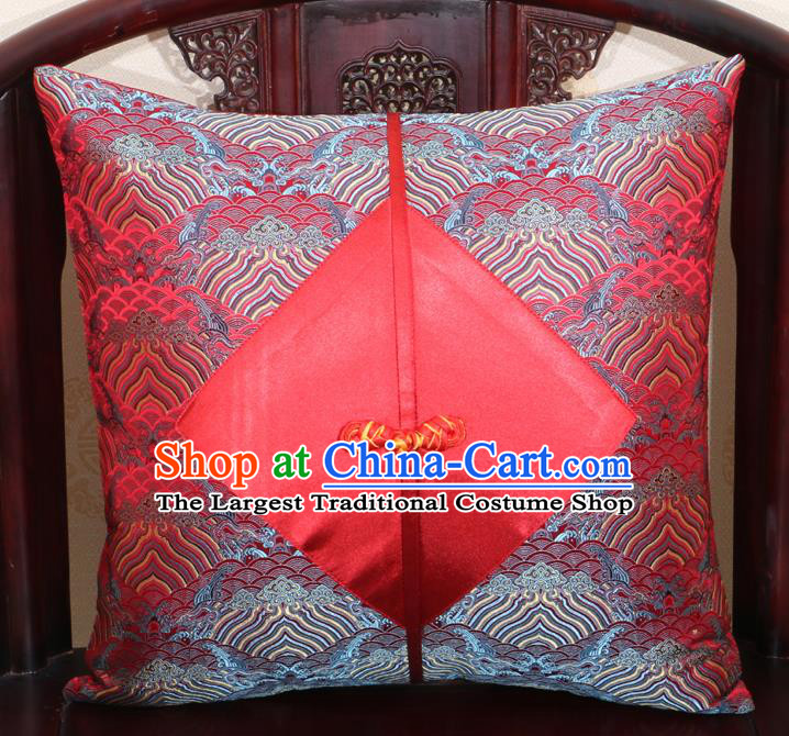 Chinese Classical Wave Pattern Red Brocade Pipa Button Back Cushion Cover Traditional Household Ornament