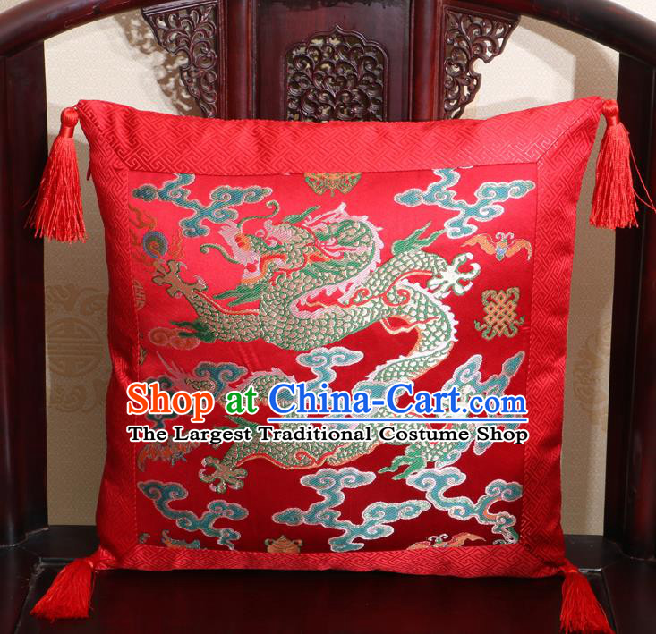 Chinese Classical Cloud Dragon Pattern Red Brocade Square Cushion Cover Traditional Household Ornament