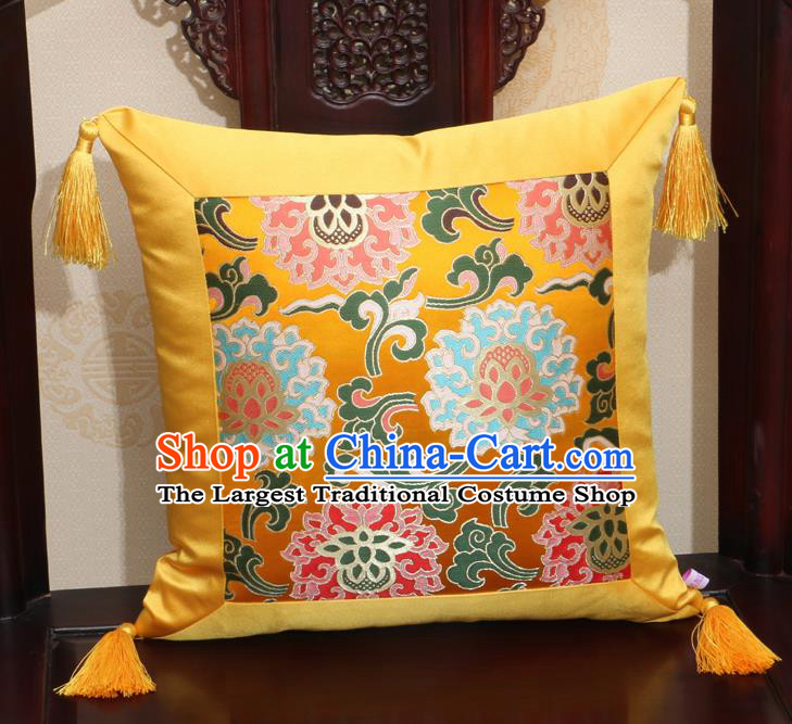 Chinese Classical Lotus Pattern Golden Brocade Square Cushion Cover Traditional Household Ornament