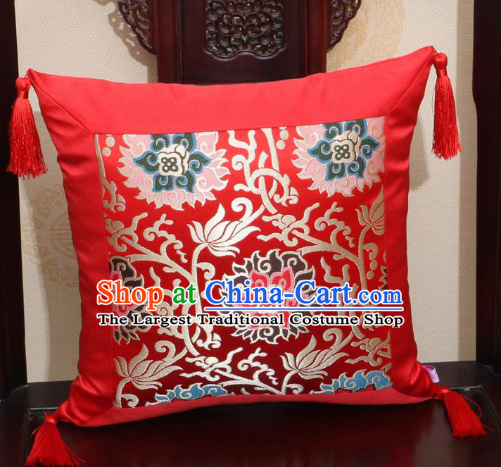 Chinese Classical Lotus Pattern Red Brocade Square Cushion Cover Traditional Household Ornament