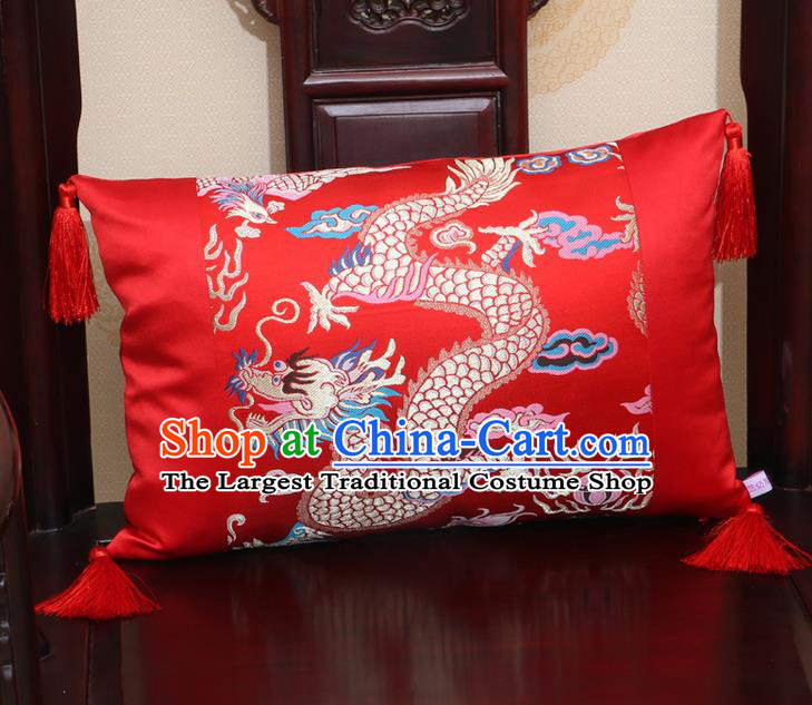 Chinese Traditional Dragon Pattern Red Brocade Back Cushion Cover Classical Household Ornament