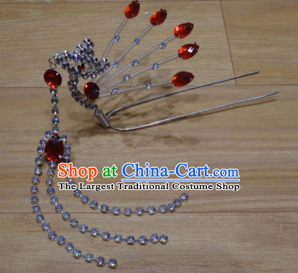 Chinese Traditional Beijing Opera Diva Red Crystal Phoenix Tassel Hairpins Princess Hair Accessories for Adults