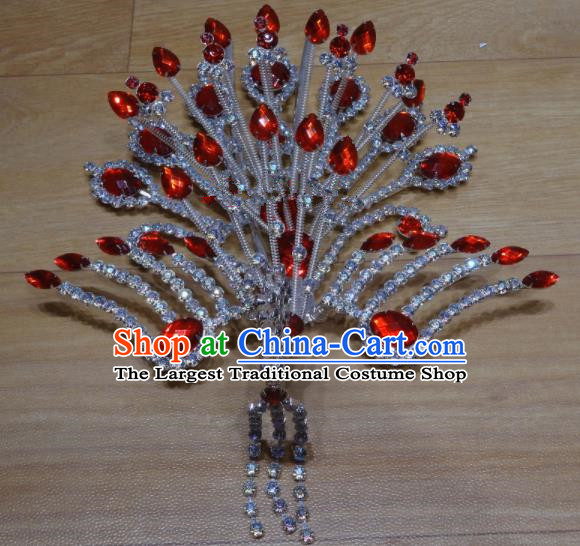 Chinese Traditional Beijing Opera Phoenix Hairpins Princess Red Crystal Hair Accessories for Adults