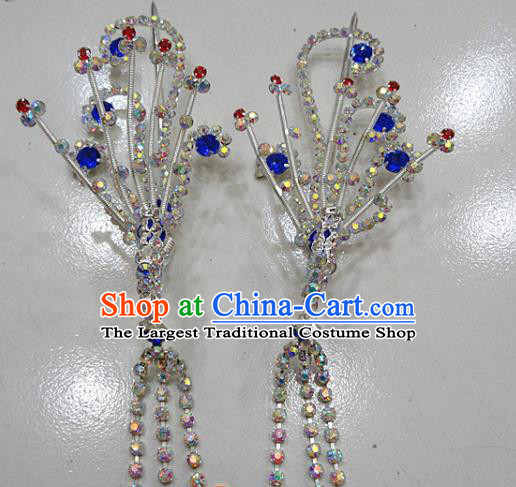 Chinese Traditional Beijing Opera Diva Royalblue Phoenix Hairpins Princess Crystal Tassel Hair Clip Hair Accessories for Adults