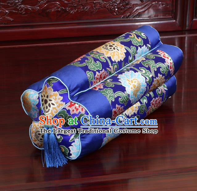 Chinese Traditional Household Accessories Classical Lotus Pattern Royalblue Brocade Plum Blossom Pillow