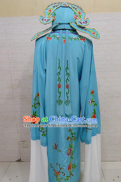 Professional Chinese Beijing Opera Niche Embroidered Peony Blue Robe Traditional Peking Opera Scholar Costume for Adults