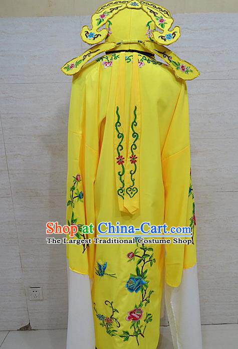 Professional Chinese Beijing Opera Niche Embroidered Peony Yellow Robe Traditional Peking Opera Scholar Costume for Adults