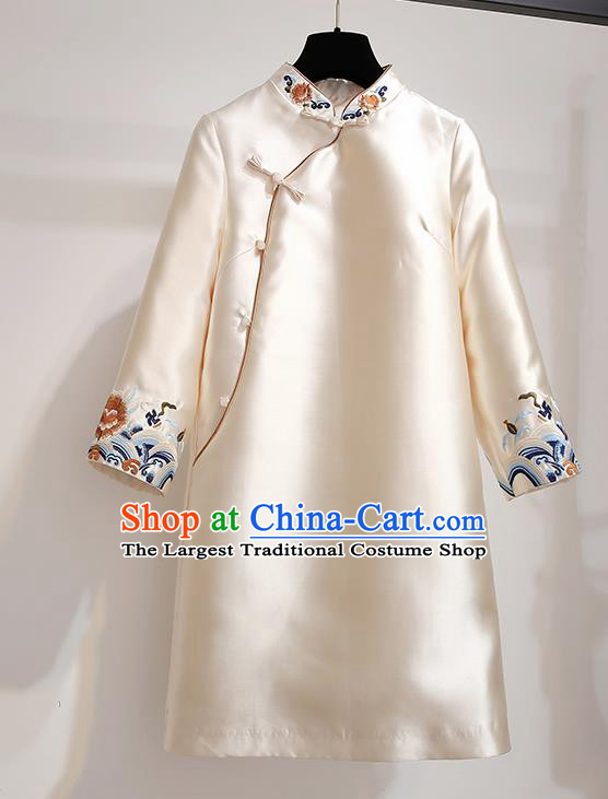 Chinese Traditional Tang Suit Costume Beige Satin Qipao Dress Cheongsam for Women