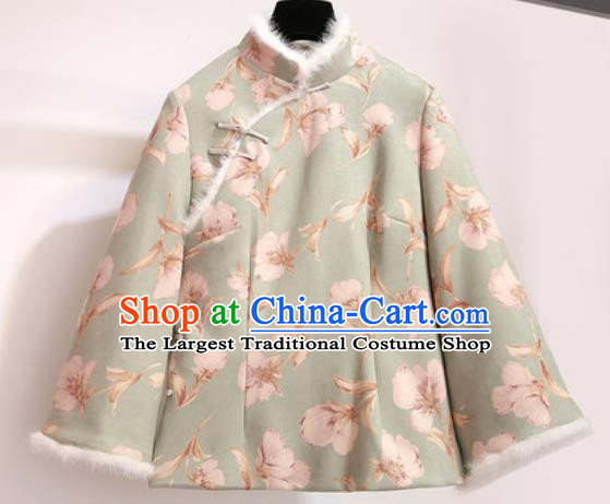 Chinese Traditional Costume Tang Suit Green Cotton Wadded Jacket Cheongsam Upper Outer Garment for Women