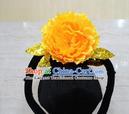 Chinese Traditional Beijing Opera Actress Hair Accessories Ancient Queen Yellow Peony Hairpins and Wigs for Adults