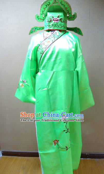Professional Chinese Traditional Beijing Opera Niche Green Robe Ancient Scholar Embroidered Peony Costume for Adults