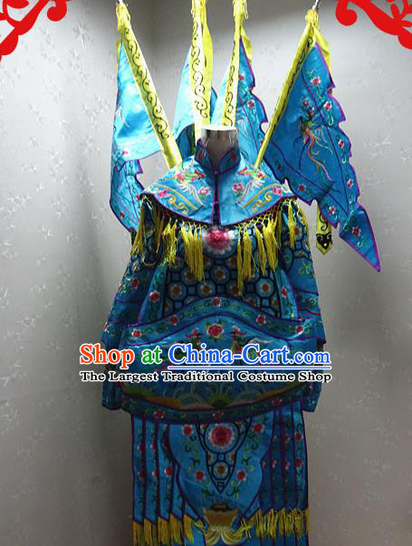 Chinese Traditional Beijing Opera Female General Blue Embroidered Clothing Peking Opera Mu Guiying Costume for Adults