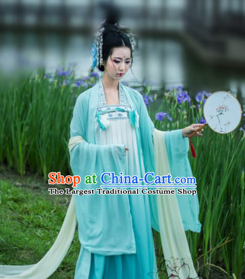 Chinese Ancient Goddess Peri Green Hanfu Dress Traditional Tang Dynasty Imperial Concubine Historical Costume for Women