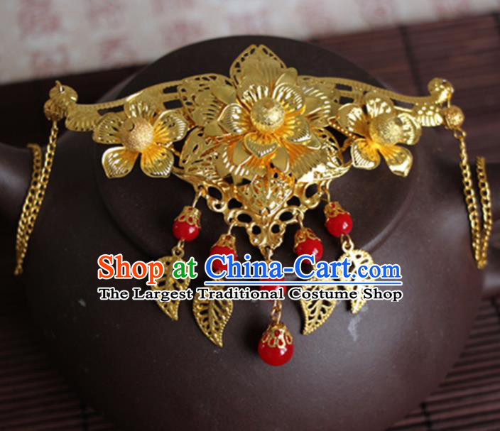 Chinese Traditional Wedding Hair Accessories Ancient Princess Golden Peony Tassel Hair Comb for Women