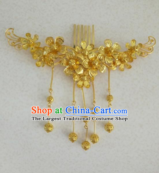 Chinese Traditional Wedding Hair Accessories Golden Flowers Hair Comb Ancient Princess Hairpins for Women