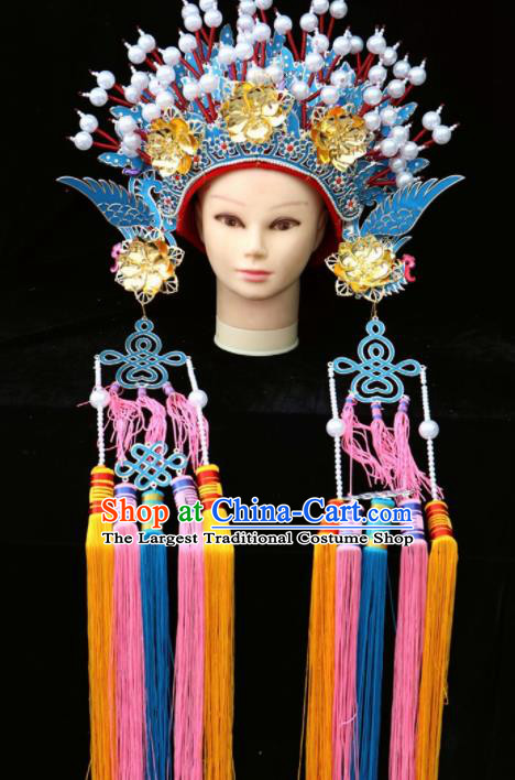 Chinese Traditional Beijing Opera Queen Hair Accessories Ancient Imperial Consort Blue Phoenix Coronet