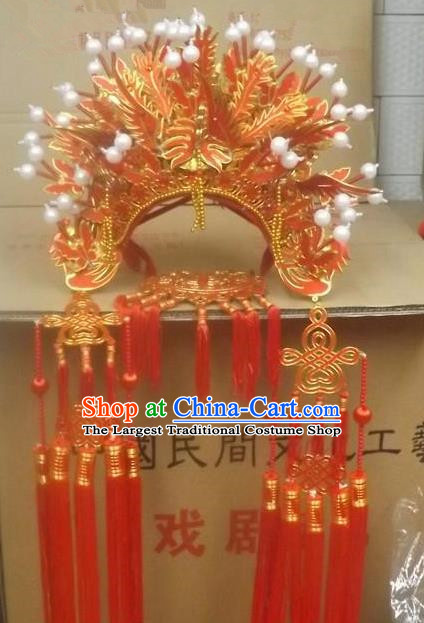 Chinese Traditional Beijing Opera Red Phoenix Coronet Hair Accessories Ancient Imperial Consort Bride Headwear