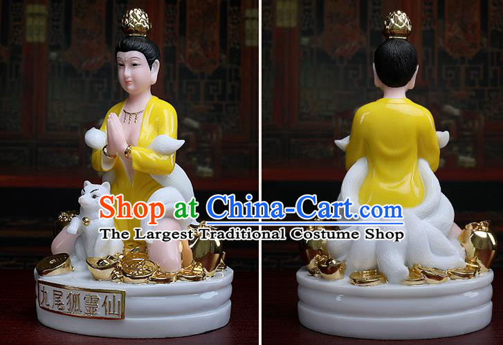 Chinese Traditional Religious Supplies Feng Shui Yellow Gumiho Goddess Statue Taoism Decoration