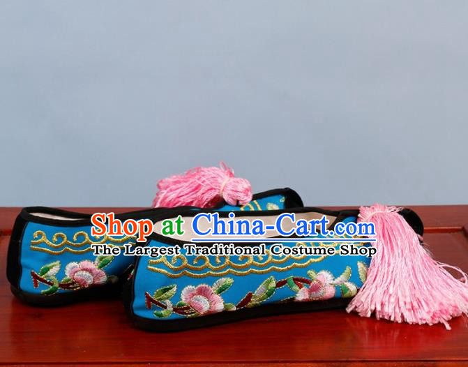 Chinese Traditional Beijing Opera Shoes Peking Opera Diva Blue Cloth Embroidered Shoes