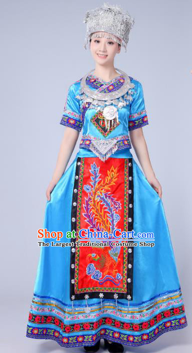 Chinese Traditional Miao Nationality Costume Hmong Female Ethnic Folk Dance Blue Long Dress for Women
