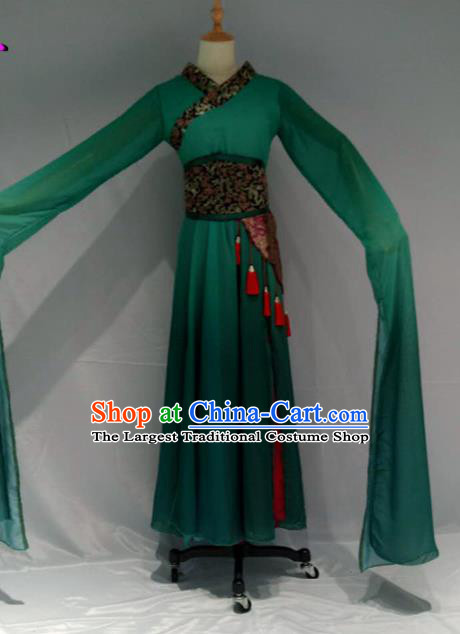 Traditional Chinese Classical Dance Costume Ancient Peri Green Water Sleeve Dress for Women