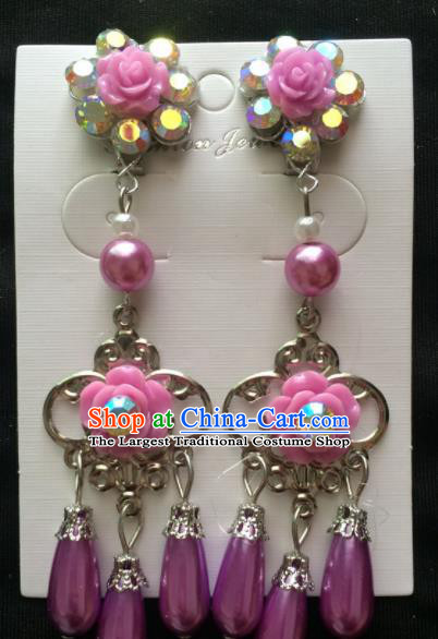 Asian Chinese Beijing Opera Jewelry Accessories Purple Rose Earrings for Women