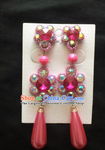 Asian Chinese Beijing Opera Jewelry Accessories Pink Rhinestone Earrings for Women