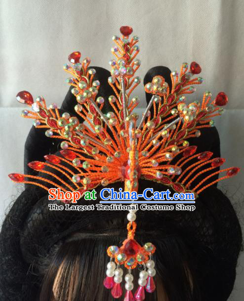 Asian Chinese Beijing Opera Hair Accessories Ancient Princess Red Phoenix Coronet Hairpins for Women