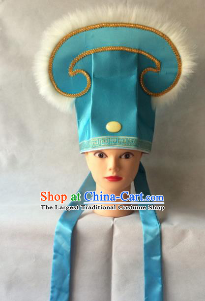 Asian Chinese Traditional Beijing Opera Niche Headwear Ancient Nobility Childe Blue Hat for Men