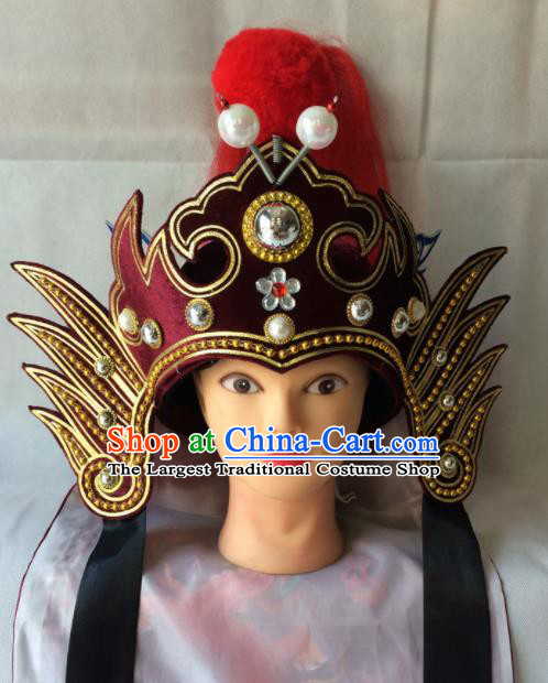 Asian Chinese Traditional Beijing Opera Headwear Ancient General Wine Red Helmet for Men