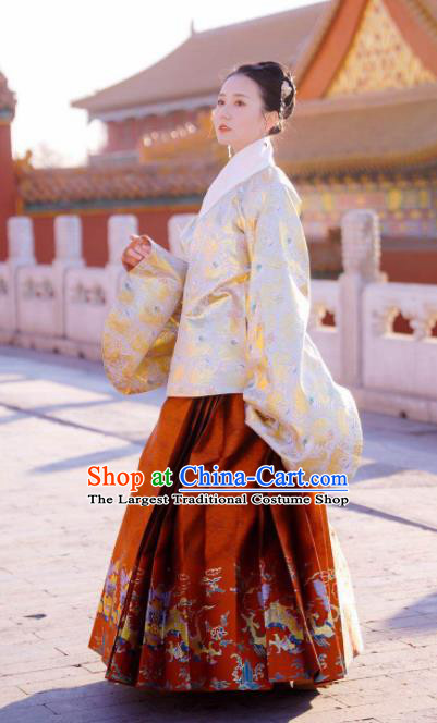 Traditional Chinese Ming Dynasty Imperial Consort Historical Costume Ancient Brocade Blouse and Horse Face Skirt Complete Set