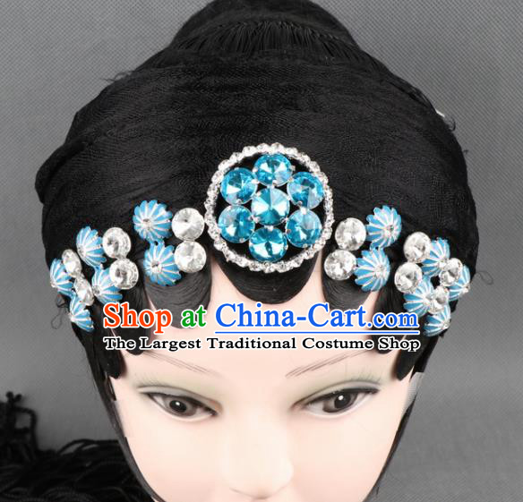 Asian Chinese Beijing Opera Diva Hair Accessories Ancient Princess Blue Crystal Hairpins for Women