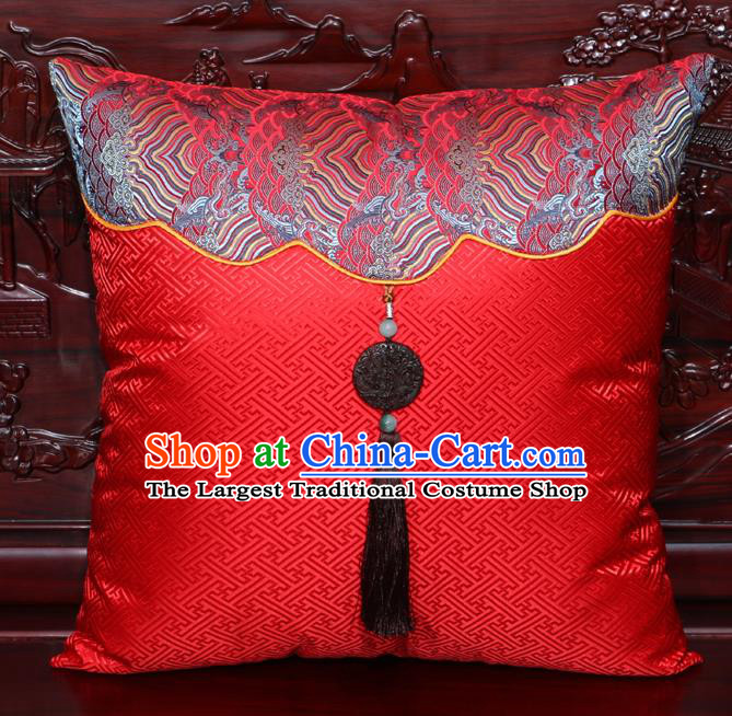 Chinese Classical Wave Pattern Jade Pendant Red Brocade Square Cushion Cover Traditional Household Ornament