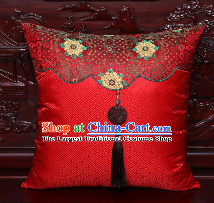 Chinese Classical Peony Pattern Jade Pendant Red Brocade Square Cushion Cover Traditional Household Ornament